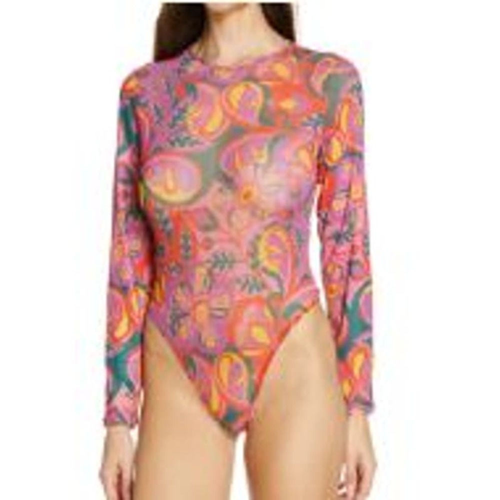 Kilo Brava Long Sleeve Pink Paisley Mesh Bodysuit - Size XXXL (22-24)